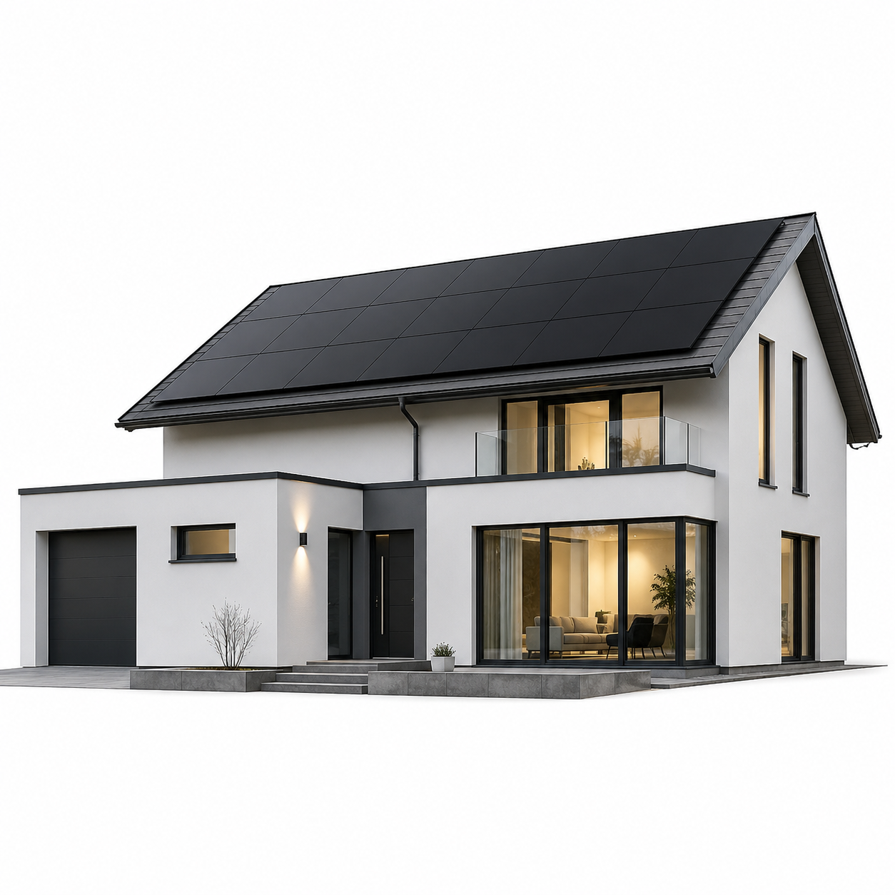Modernes Einfamilienhaus mit Photovoltaikanlage auf dem Dach